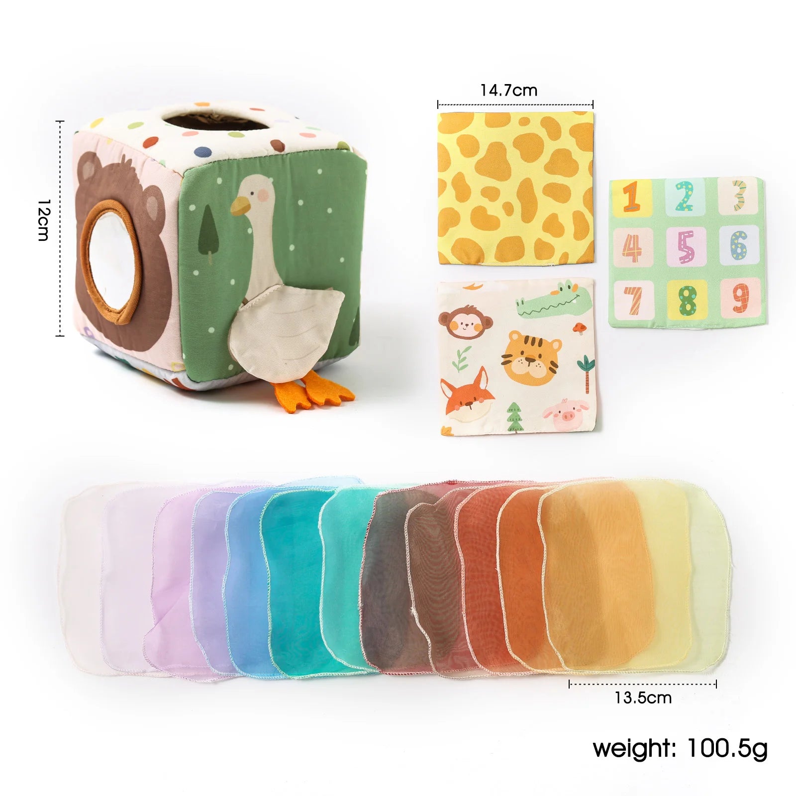 Children's soft educational toy with animal illustrations and dimensions displayed