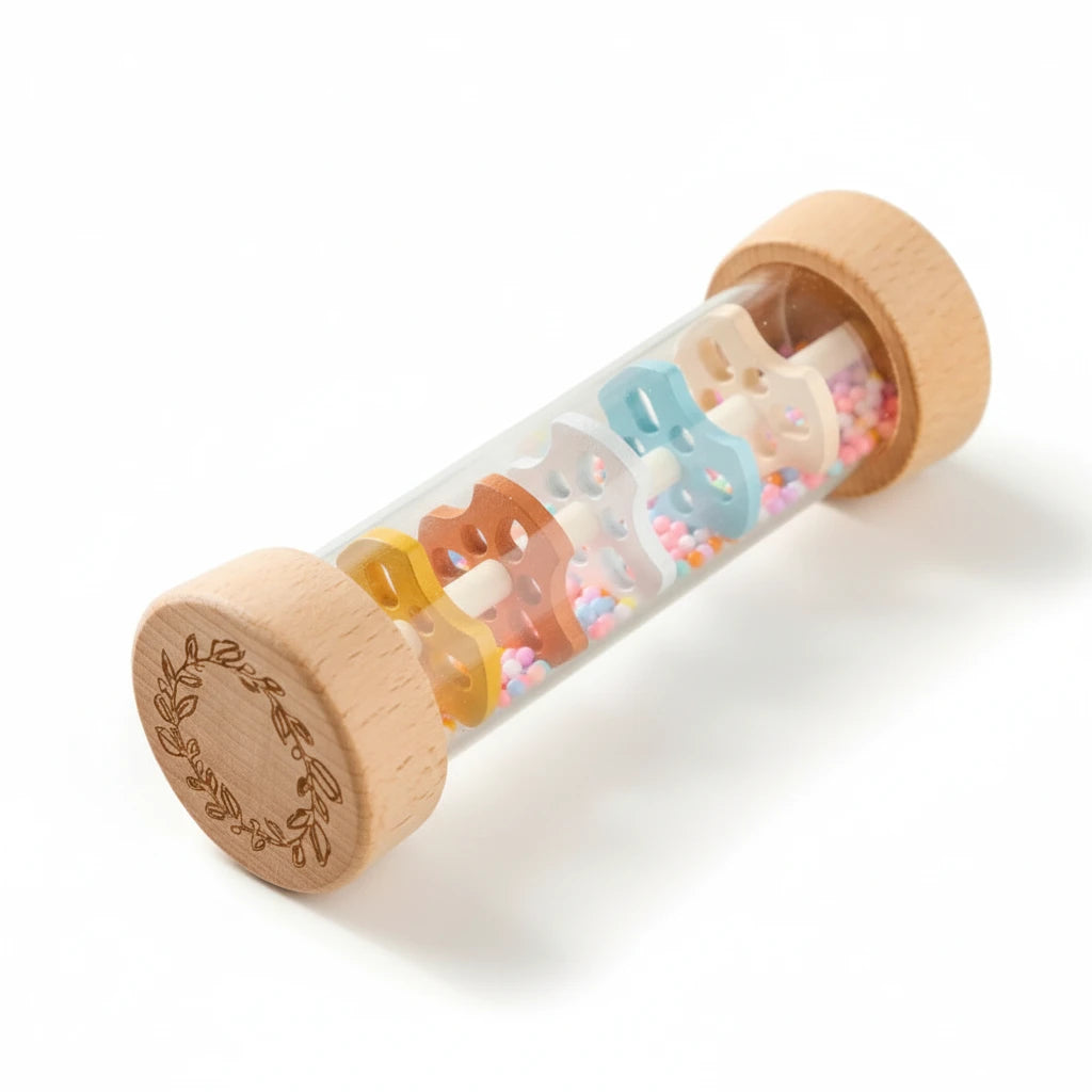 Wooden tube with decorative items on a light background